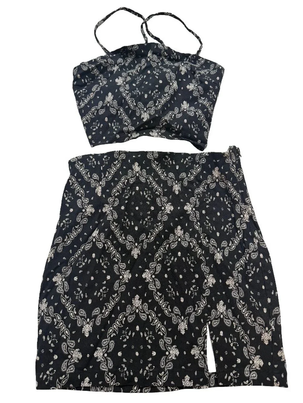 Garage Black White Paisley Outfit Bandana Crop Skirt Set Lace Small Women's
